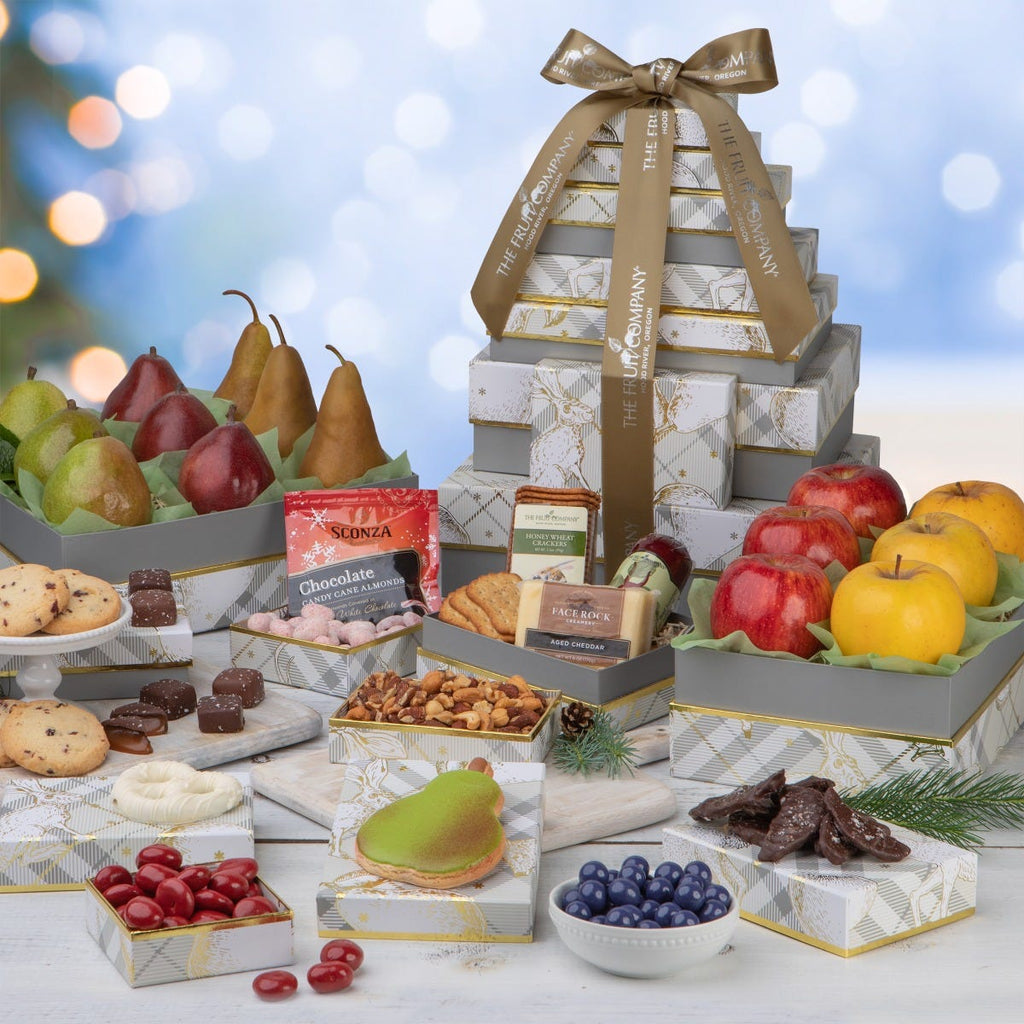 10 silver with gold trim and silver pear holiday themed boxes filled with fruit and treats and ribbon