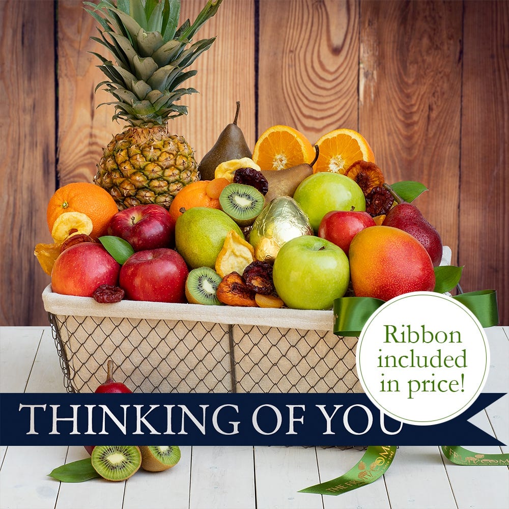 cloth and wire basket 18 pc fresh fruit and pack of dried fruit & Thinking of You Ribbon