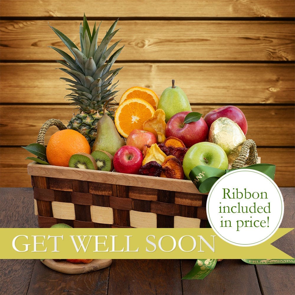 Wood Woven Basket filled with 13 pieces fresh fruit and a dried fruit medley & get well soon Ribbon