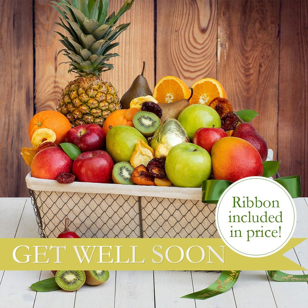 cloth and wire basket 18 pc fresh fruit and pack of dried fruit & Get Well Soon Ribbon