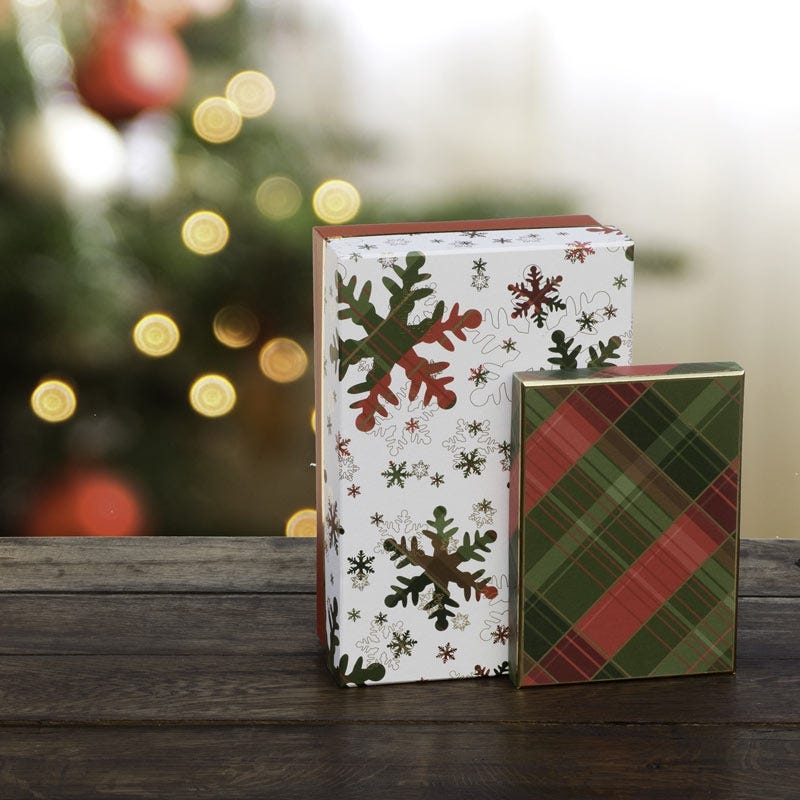 Snowflake and plaid gift boxes
