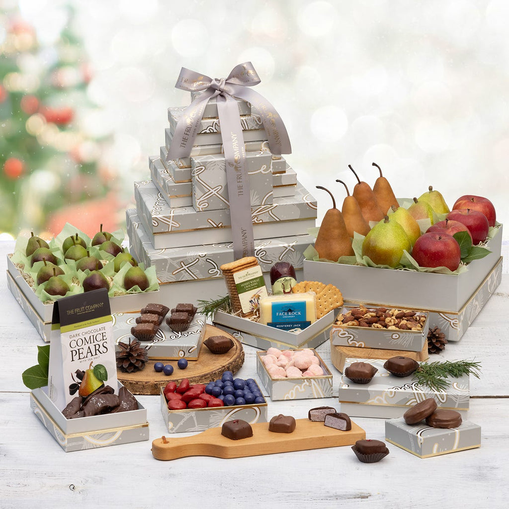 10 silver with gold trim and silver pear holiday themed boxes filled with fruit and treats and silver ribbon