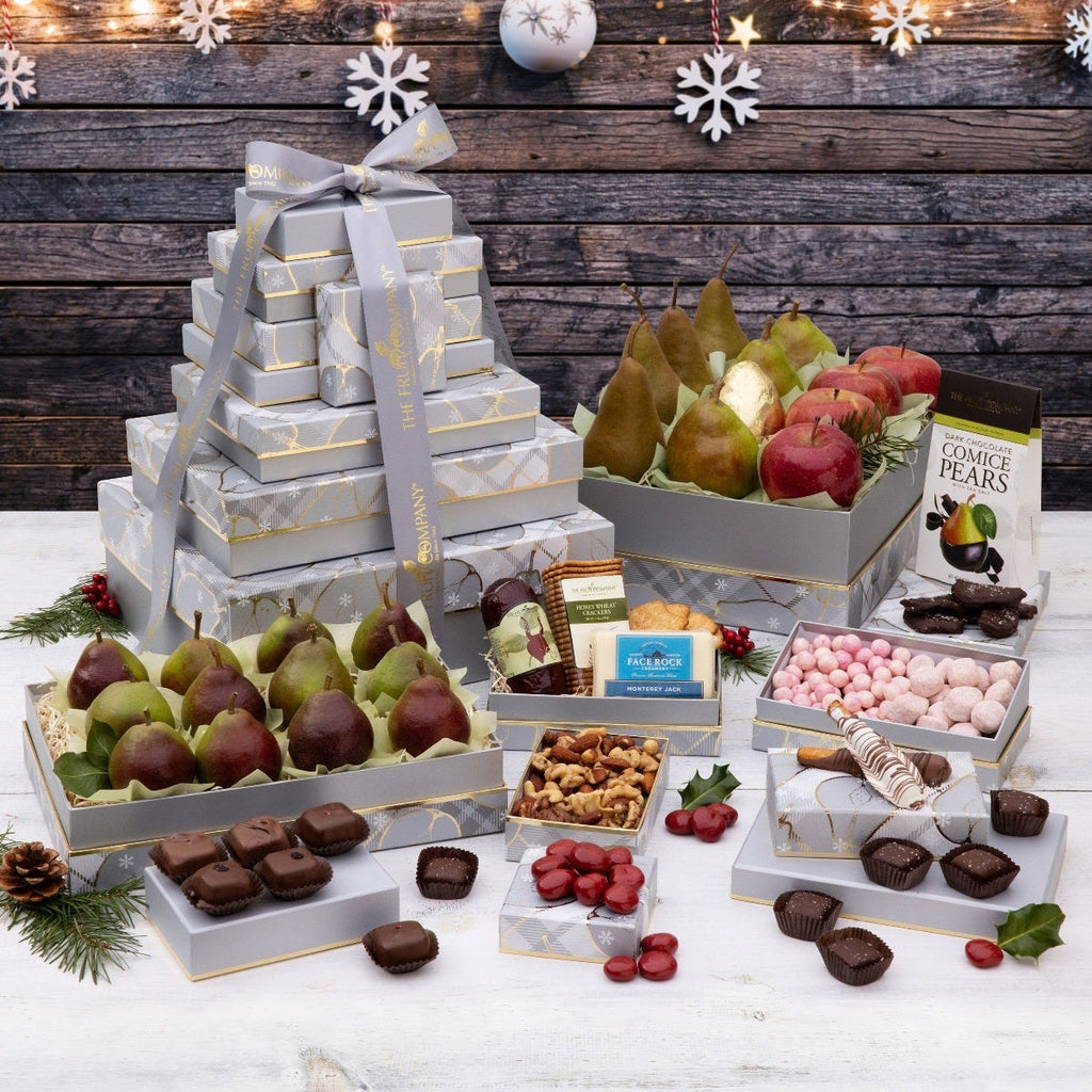 10 silver with gold trim and silver pear holiday themed boxes filled with fruit and treats and silver ribbon
