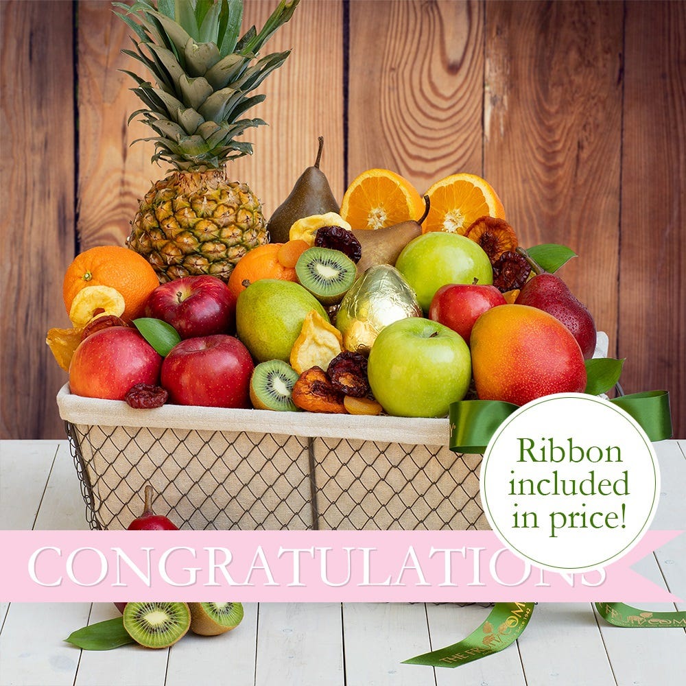 cloth and wire basket, 18 pc. fresh fruit, package of dried fruit & pink Congratulations ribbon