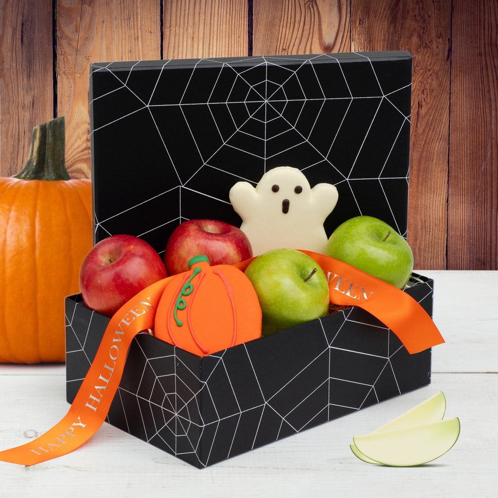 Halloween Boo Box 2 green 2 red apples ghost & pumpkin cookie happy halloween ribbon spider web box