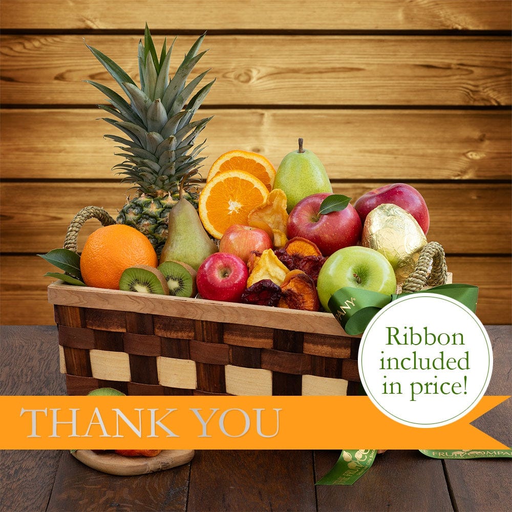 Wood Woven Basket filled with 13 pieces fresh fruit and a dried fruit medley & Thank You Ribbon