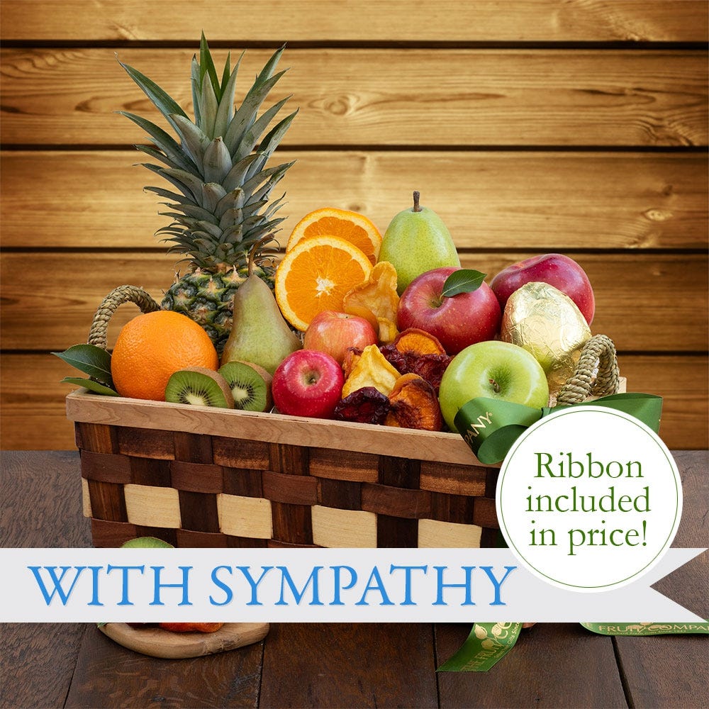 Wood Woven Basket filled with 13 pieces fresh fruit and a dried fruit medley & With Sympathy Ribbon